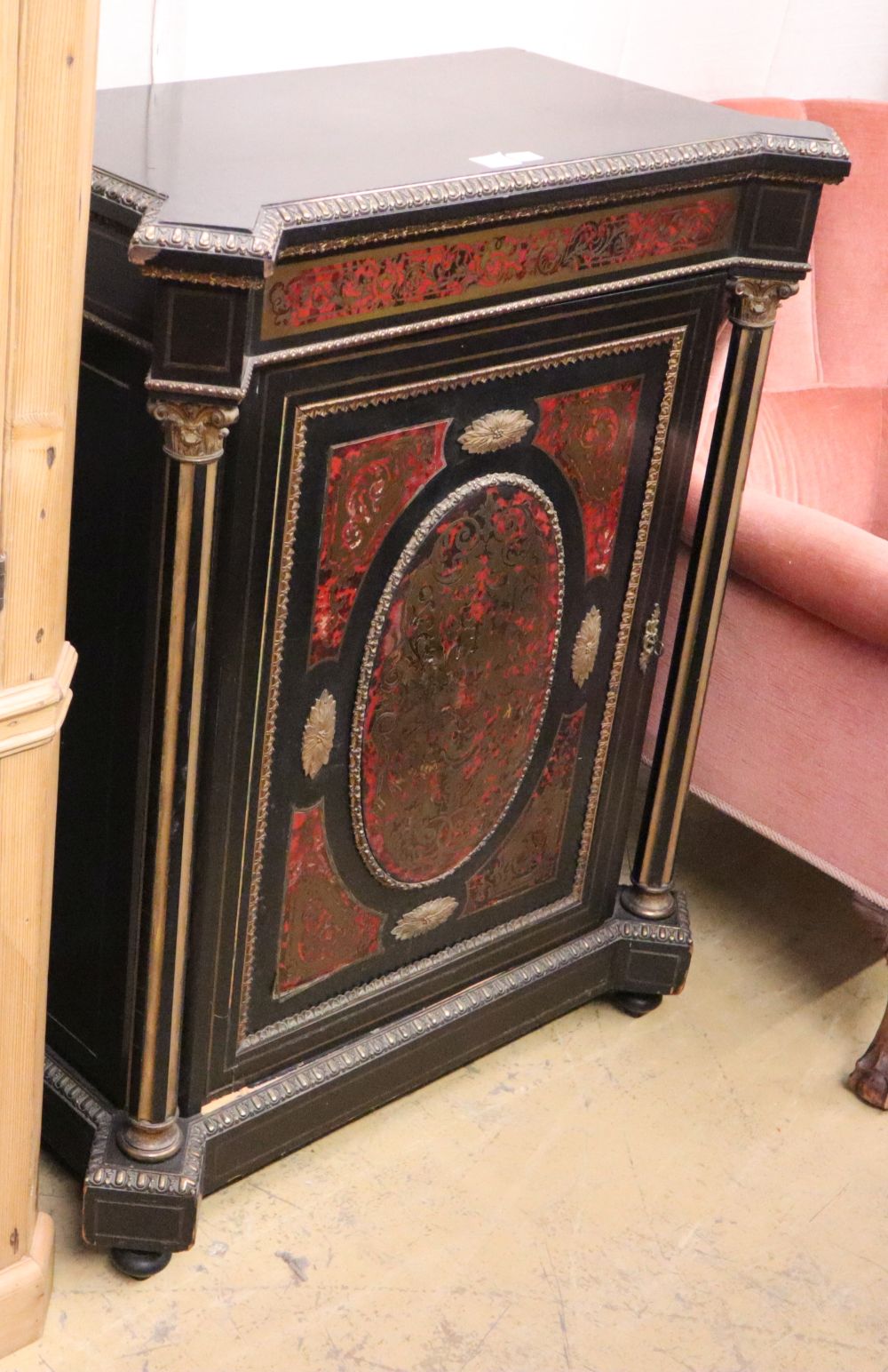 A Victorian ebonised boulle and ormolu mounted pier cabinet, W.96cm, D.49cm H.115cm,